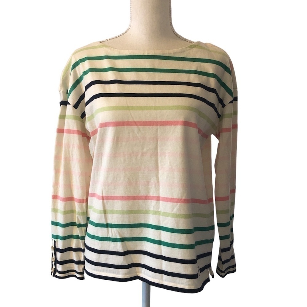TALBOTS Striped Blouse Women's Size Medium Petite Pink Green 100% Cotton